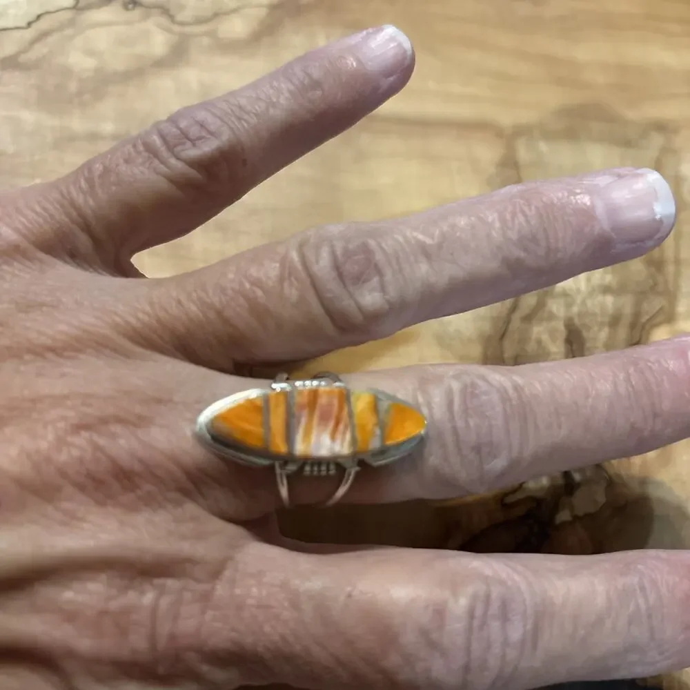 Navajo Artist Sterling Silver Spiny Oyster Inlay Ring Size 8.75 - Picture 7 of 7